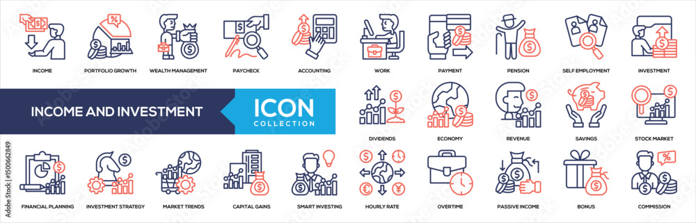 Fototapeta premium Income and Investment Line Color Icon Collection