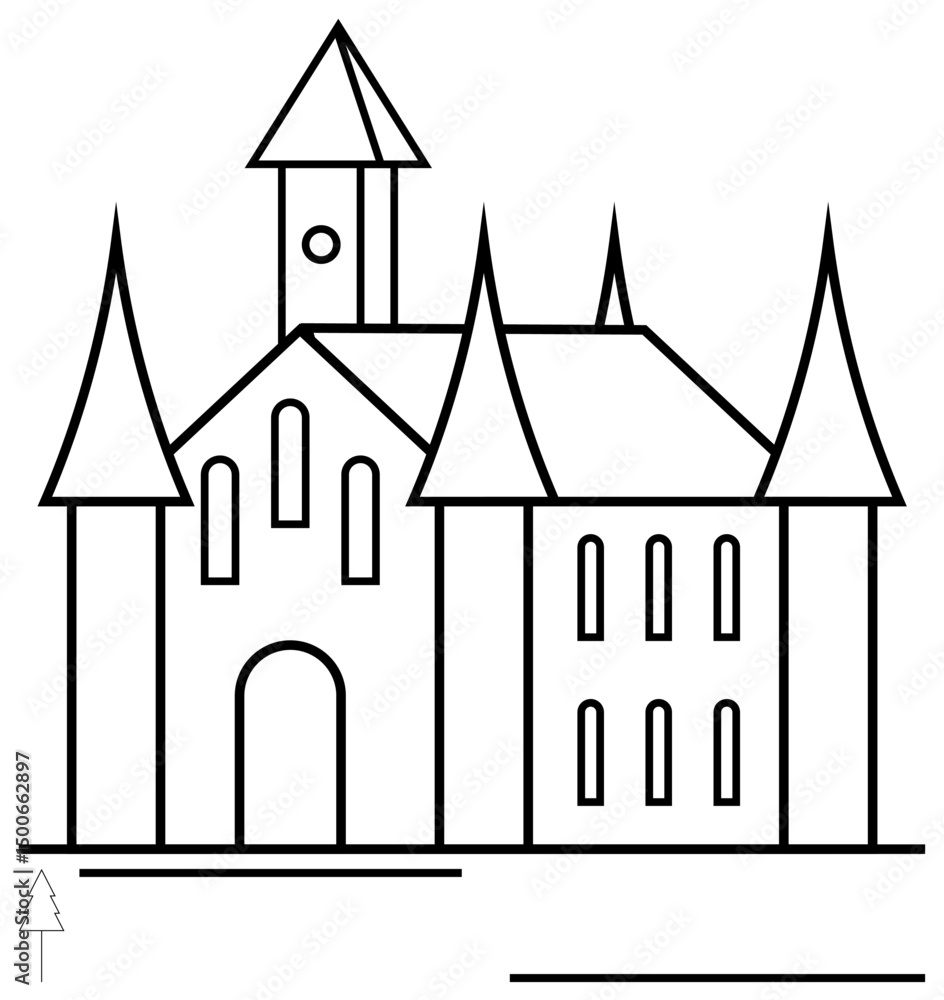 Fototapeta premium Medieval-style castle with symmetrical pointed towers, arched doors, and elongated windows. Ideal for heritage, architecture, fairy tales, history, exploration storytelling and fantasy. Flat simple