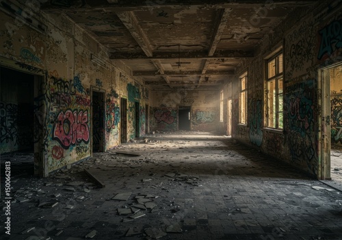 Abandoned Building Interior Dark Hallway With Graffiti and Decay Photo