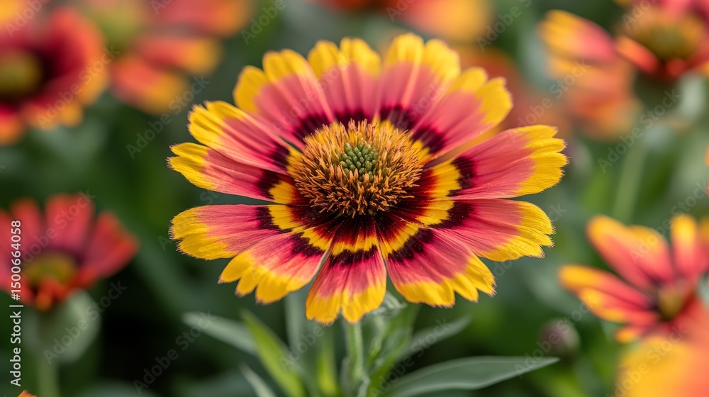 Macro view of a red and yellow gaillardia flower, sharp detail on petals and center, vibrant lighting Macro view of a red and yellow gaillardia flower, sharp detail on petals and center, vibrant lighting