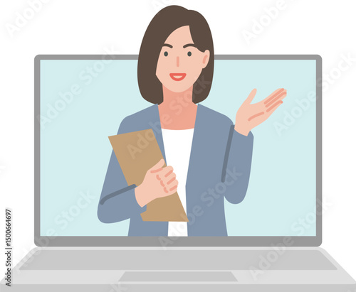 ノートパソコンを使って説明する女性会社員