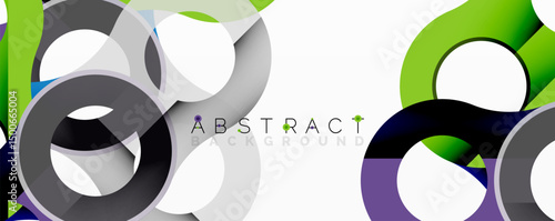 Modern design features overlapping circles. Green, gray, purple hues create dynamic visual effect. Clean background enhances composition.