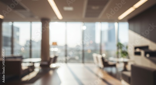 Abstract Blurred Interior Scene Of Office With Daylight Through Windows