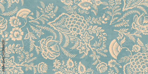 floral pattern vintage ethnic modern embroidery texture boho design vector illustration hand drawn pink flower motif branches leaves wallpaper seamless background border.