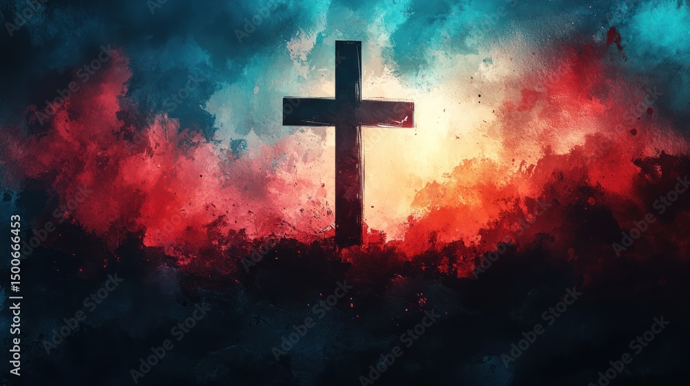 Faithful Christian Cross Watercolor Silhouette in Abstract Religious Art with Spirituality and Faith Faithful Christian Cross Watercolor Silhouette in Abstract Religious Art with Spirituality and Faith
