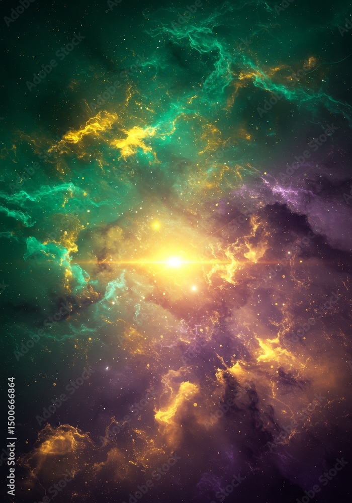Obraz premium Abstract Galaxy Nebula With Green Purple And Yellow Light Illustration