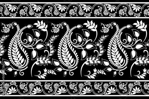 Black and White Paisley border seamless pattern. Vector illustration floral and leaf motifs damask style. 