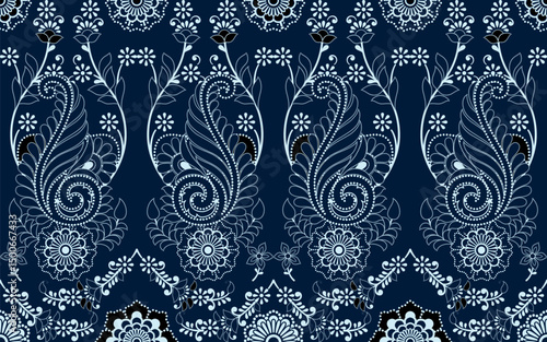 Beautiful paisley lite blue color dot and line pattern. Vector illustration floral and leaf on navy blue background.