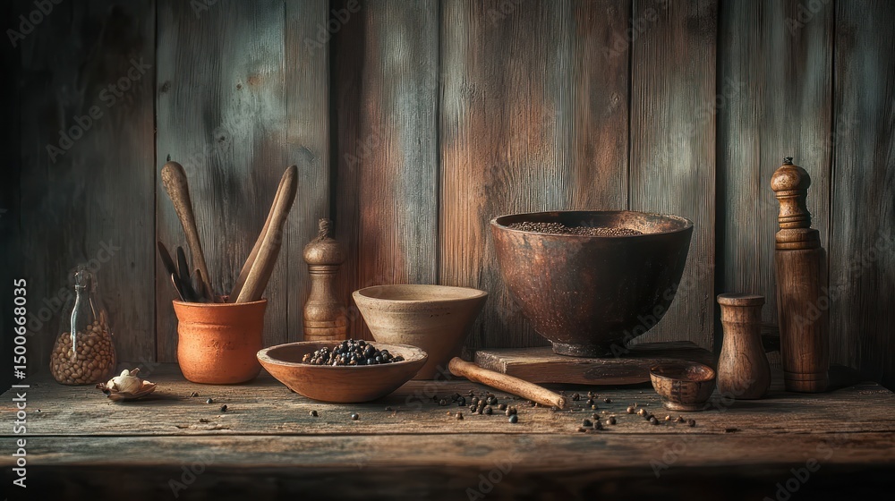 Still life of rustic wooden bowls and utensils filled with spices