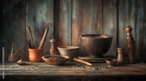 Obraz na płótnie Still life of rustic wooden bowls and utensils filled with spices w salonie