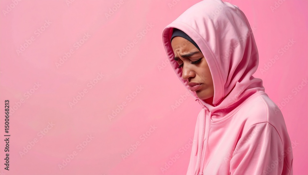Obraz premium Sad Young Woman in Pink Hoodie - Monochromatic palettes