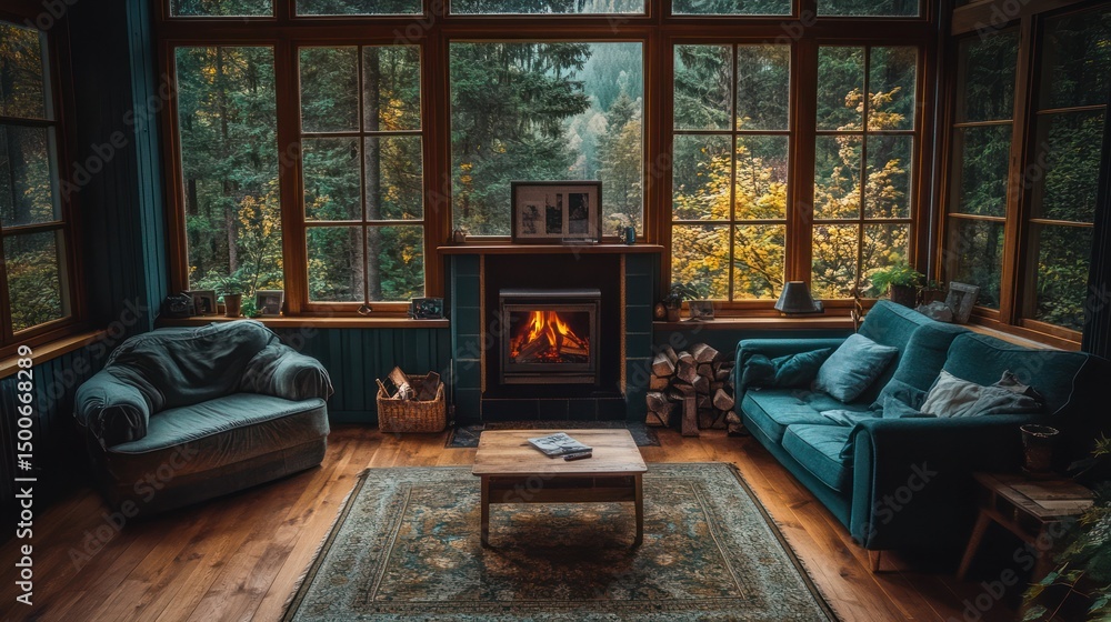 Cozy living room with fireplace, overlooking a scenic autumn forest
