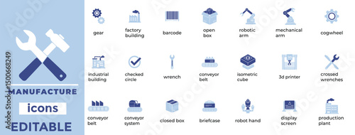 Editable manufacturing vector icons with a clean style, perfect for industry, factory, automation, and tools branding.