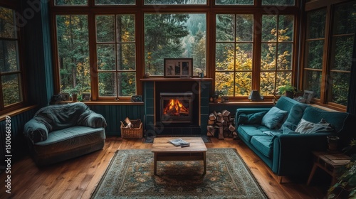 Obraz na płótnie Cozy living room with fireplace, overlooking a scenic autumn forest w salonie