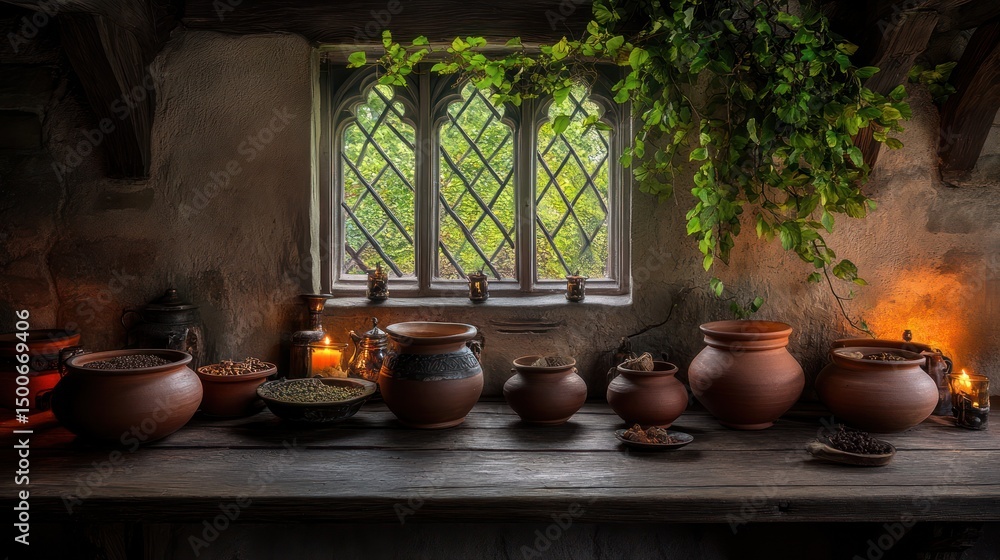 Old-fashioned apothecary scene with earthenware pots and herbs on a wooden table near a window