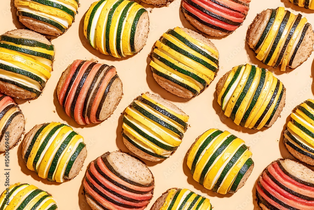 Obraz premium Arrangement of sliced vegetables on beige background