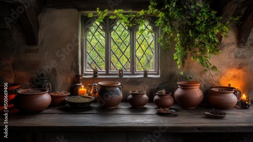 Obraz na płótnie Old-fashioned apothecary scene with earthenware pots and herbs on a wooden table near a window w salonie