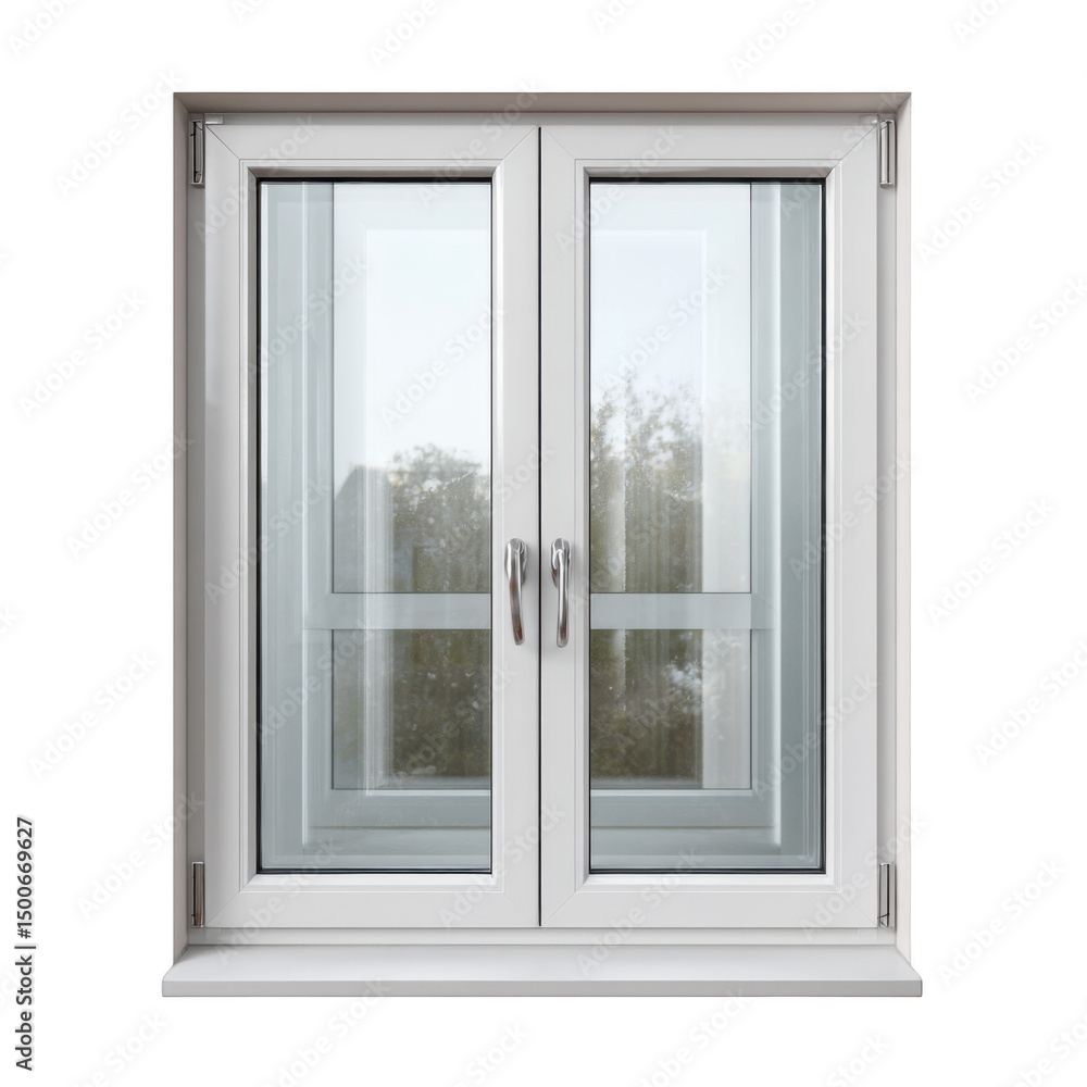 A symmetrical white framed window with two panes and metal handles in a neutral setting indoors A symmetrical white framed window with two panes and metal handles in a neutral setting indoors
