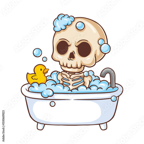 illustration art cute skull soaking on the bathub character sticker design	