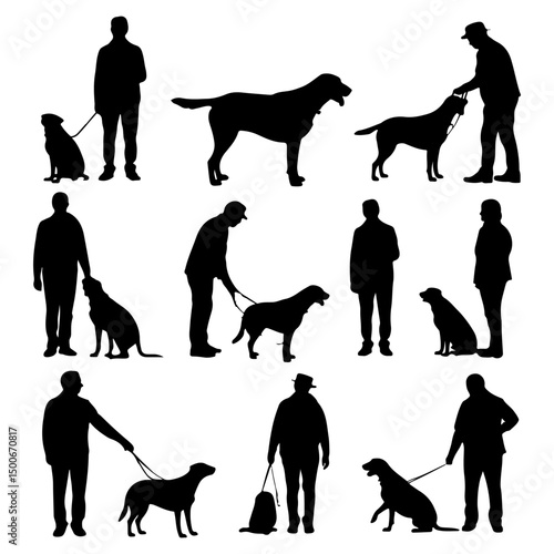 Set of black silhouette old people with dog, old people with dog icon set