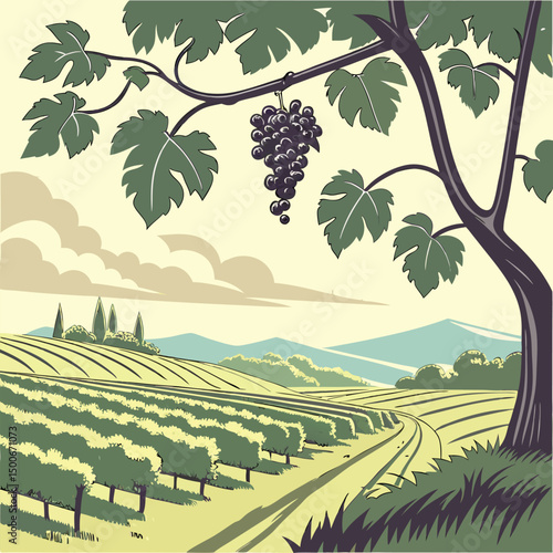 Vineyard Designs Illustrations Silhouette Collection. Silhouette Illustrations for Vineyard and Wine Designs. Elegant Vineyard Silhouette Designs for Branding