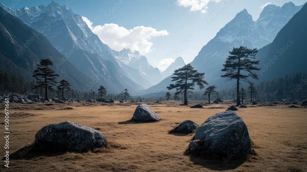 Sun-drenched valley with towering peaks and scattered rocks