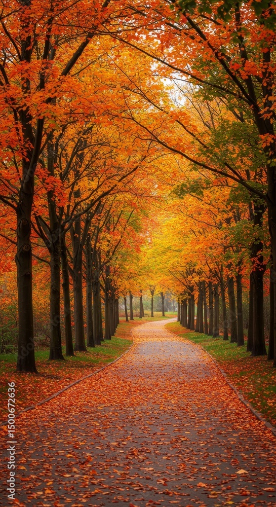 Naklejka premium Autumnal Path Through Vibrant Trees Showing Orange Leaves Fall Scenery Photo