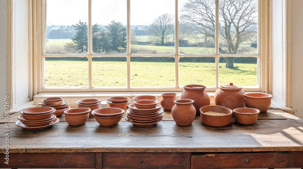 Rustic terracotta pottery collection displayed on a wooden table, alongside a window with a pastoral view