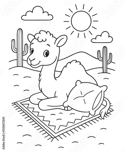 Coloring book camel relaxing on a patterned rug with a pillow under the sun in the desert. 