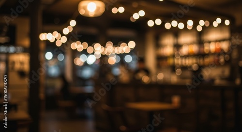 Blurred Warm Cafe Interior With Lights Forming Bokeh Photo
