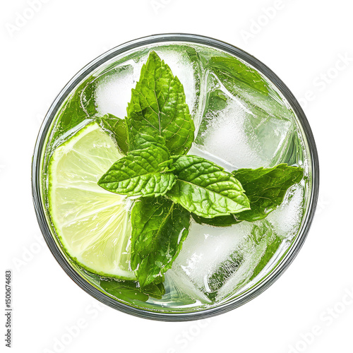 Overhead view of a refreshing mojito cocktail with lime mint and ice cubes in a clear glass cup drink