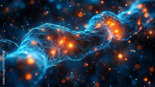 Abstract rendering shows illuminated blue strand among glowing particles on dark backdrop