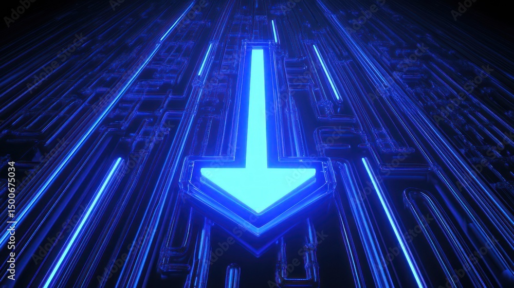 Abstract neon arrow within a complex circuit pattern