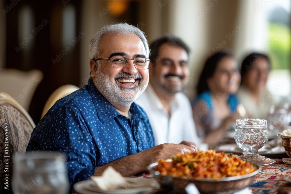 Joyful Man Enjoying Delicious Meal with Friends in Elegant Setting Joyful Man Enjoying Delicious Meal with Friends in Elegant Setting