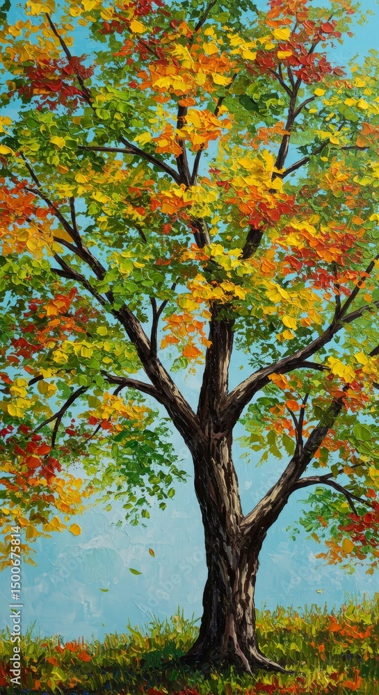 Fototapeta premium Autumnal Tree Illustration Displaying Colorful Leaves Against Blue Sky Backdrop