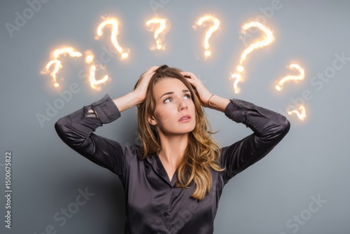 Businesswoman Under a Question Mark in the Middle of Working Day Showing Frustration and Confusion at Business Work