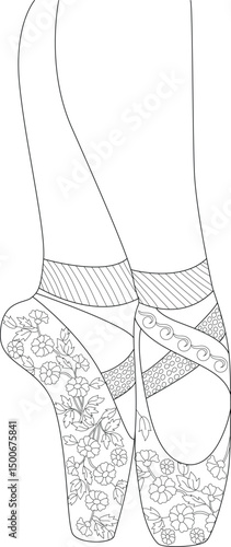 Detailed Ballerina Pointe Shoes Line Art, Outline drawing of elegant ballerina pointe shoes adorned with intricate floral patterns and decorative details, perfect for coloring books, design 