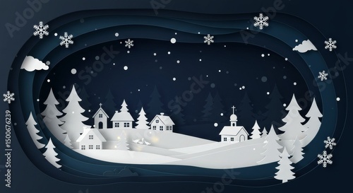 Christmas Paper Cut Winter Landscape With Houses and Snowfall Illustration