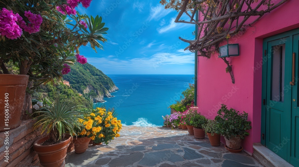Colorful seaside alleyway with flowers. Lush greenery, vibrant blooms, and a view of the ocean from a quaint, terraced walkway