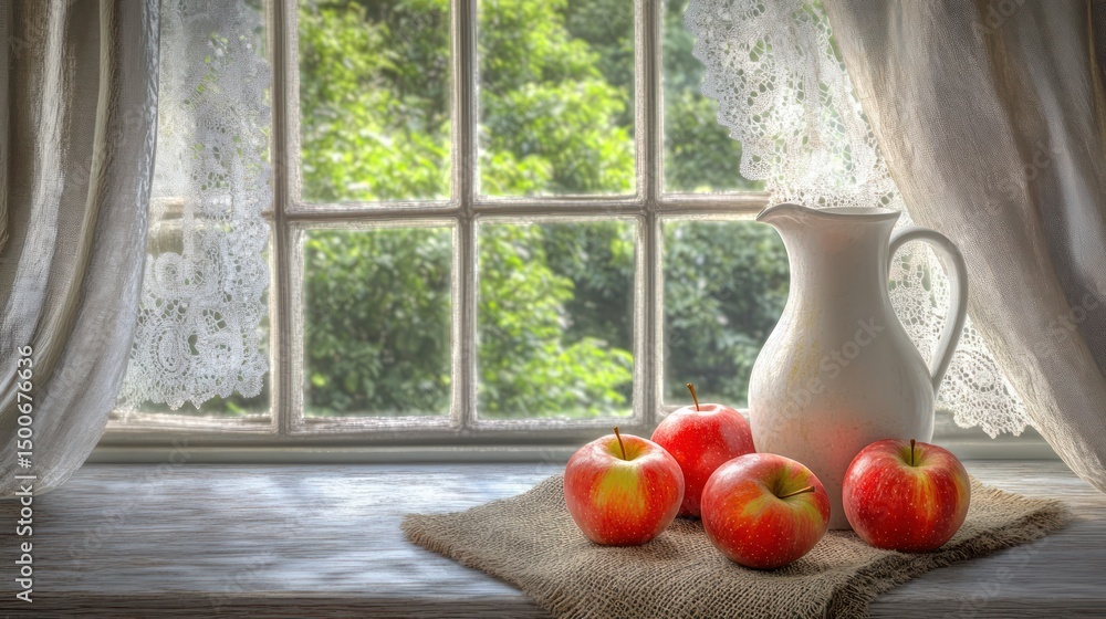 Rustic windowsill with apples