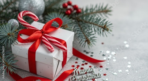 Christmas Gift Box Wrapped With Red Ribbon and Candy Canes on White Surface