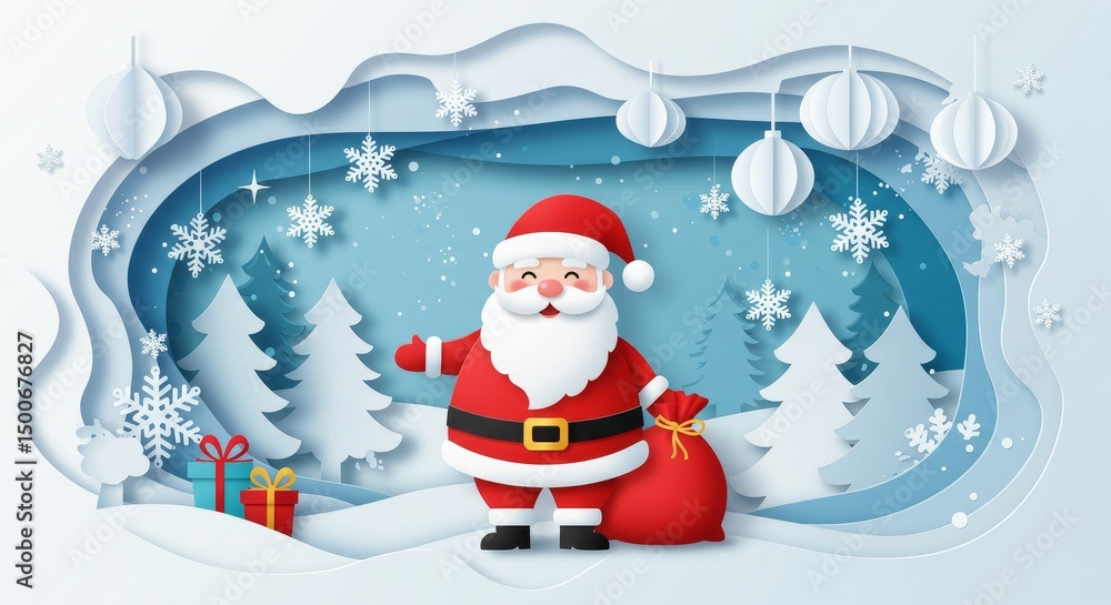 Obraz premium Christmas Illustration Of Santa Claus With Gifts And Winter Snow