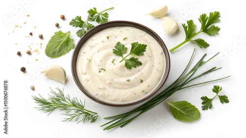 Creamy Herb Sauce in Bowl with Garlic and Herbs, Recipe, Cooking