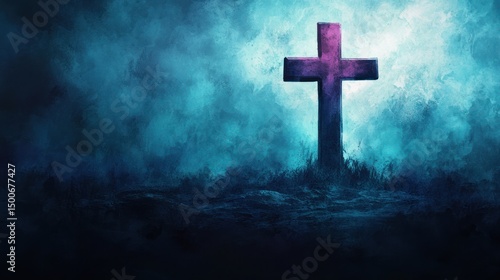 Abstract Dark Cross on Watercolor Wash Background with Copy Space for Worship Slide