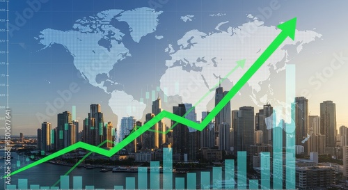 Cityscape with Green Growth Arrow and World Map Photo
