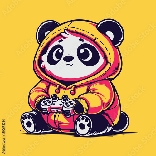 Cute panda in a hoodie playing video games with a controller, set against a bright yellow background.