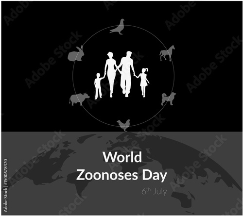 World Zoonoses Day. 6th July. zoonotic diseases transmissible from animals to humans. take a pledge to prevent zoonotic diseases banner, poster, vector illustration, flyer design.