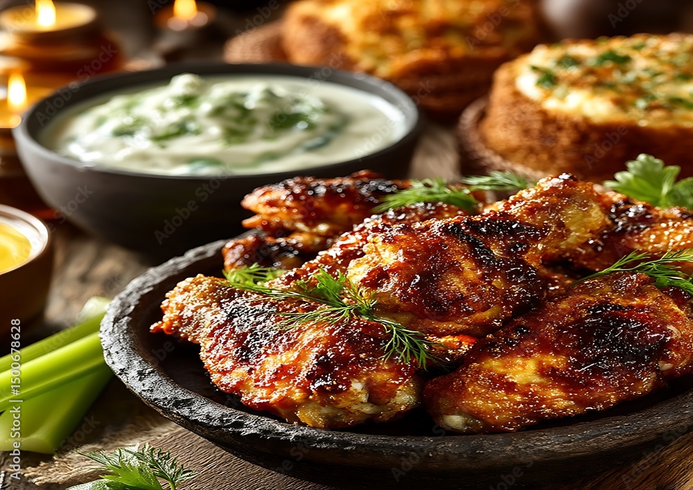 Crispy Chicken Wings Feast on Wooden Table Crispy Chicken Wings Feast on Wooden Table