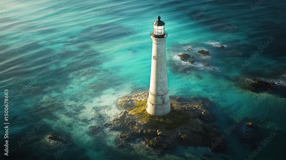 Coastal lighthouse on a small island. Aerial view of tranquil sea