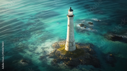Obraz na płótnie Coastal lighthouse on a small island. Aerial view of tranquil sea w salonie